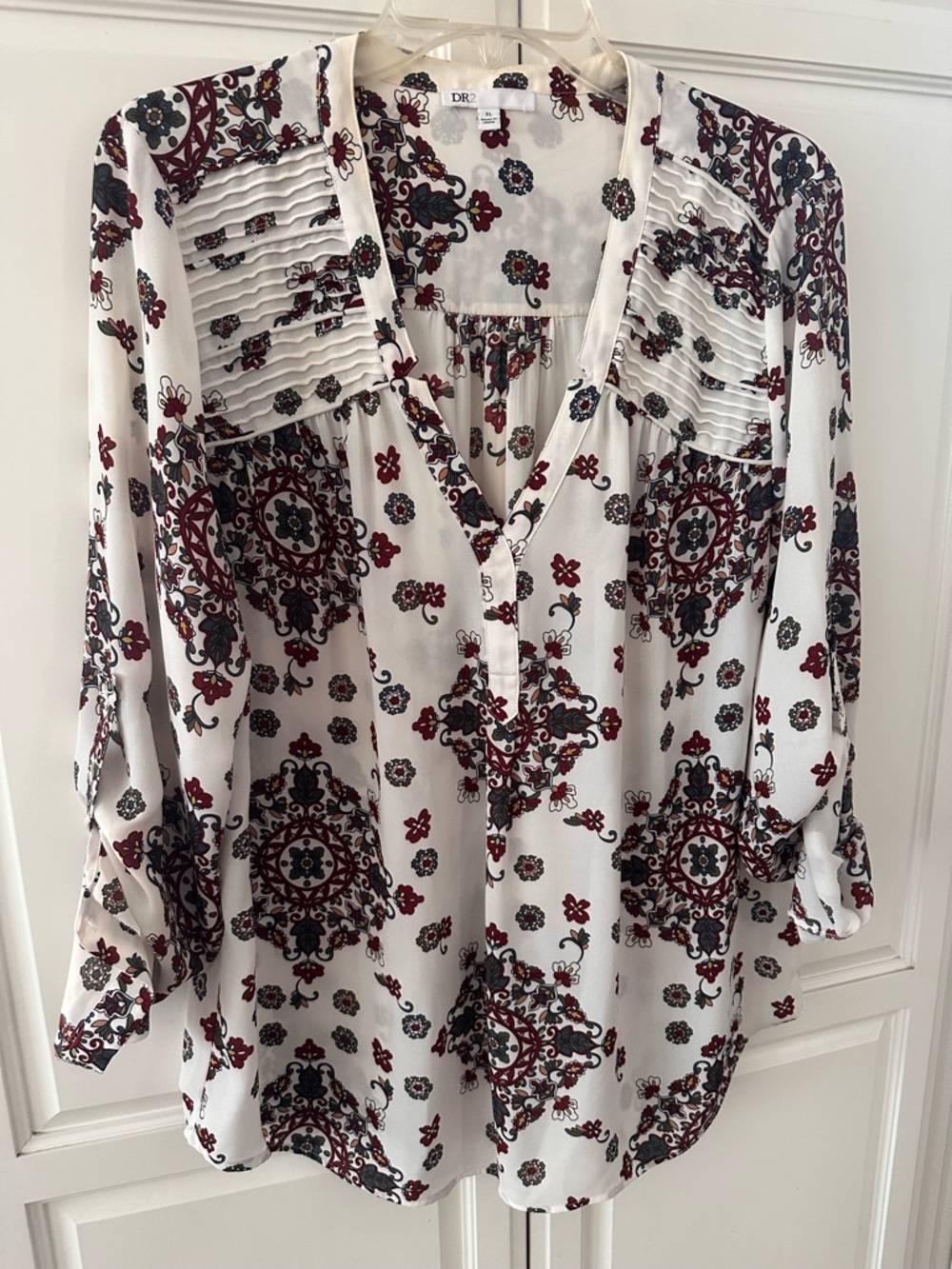 DR2 White Blouse with Burgundy and Black Medallion Print